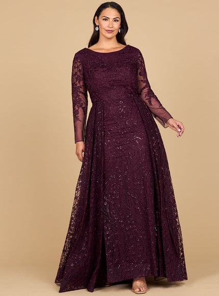 Lara 28883- Long Sleeve Gown with Overskirt & Illusion Neckline Wine