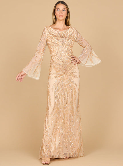 Lara 28887 High Neck Beaded Dress with Bell Sleeves Champagne