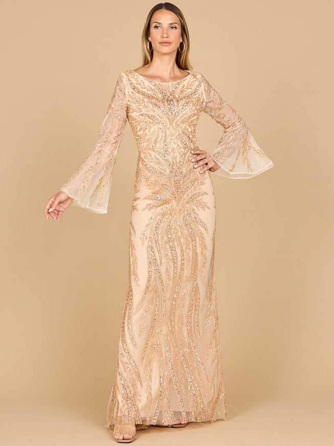 Lara 28887 High Neck Beaded Dress with Bell Sleeves Champagne