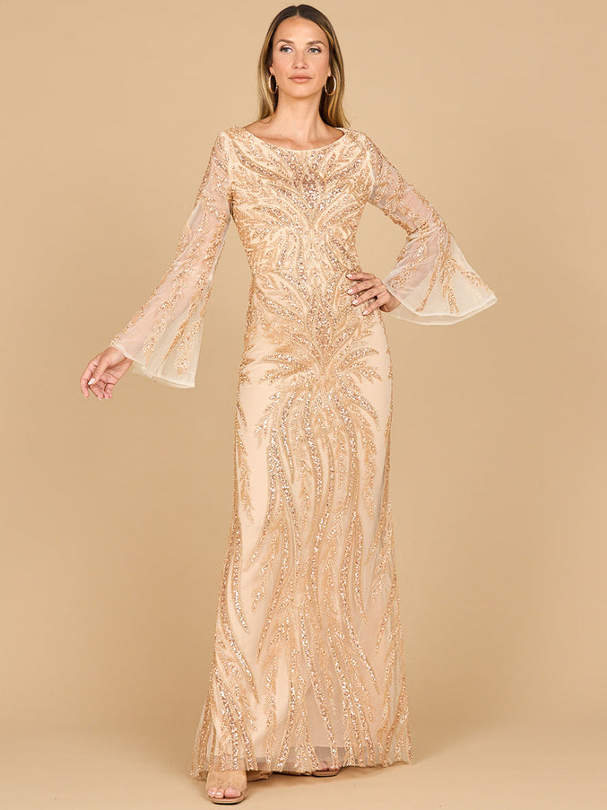 Lara New York 28887 High Neck Beaded Dress with Bell Sleeves Champagne