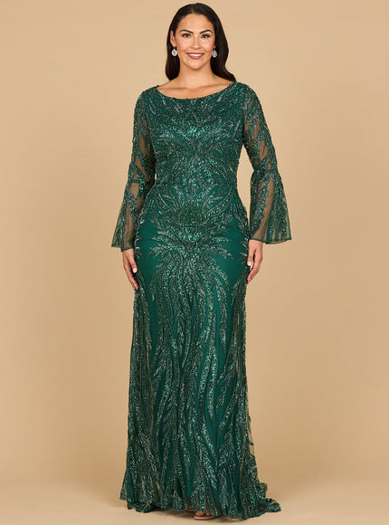 Lara 28887 High Neck Beaded Dress with Bell Sleeves Dark Green