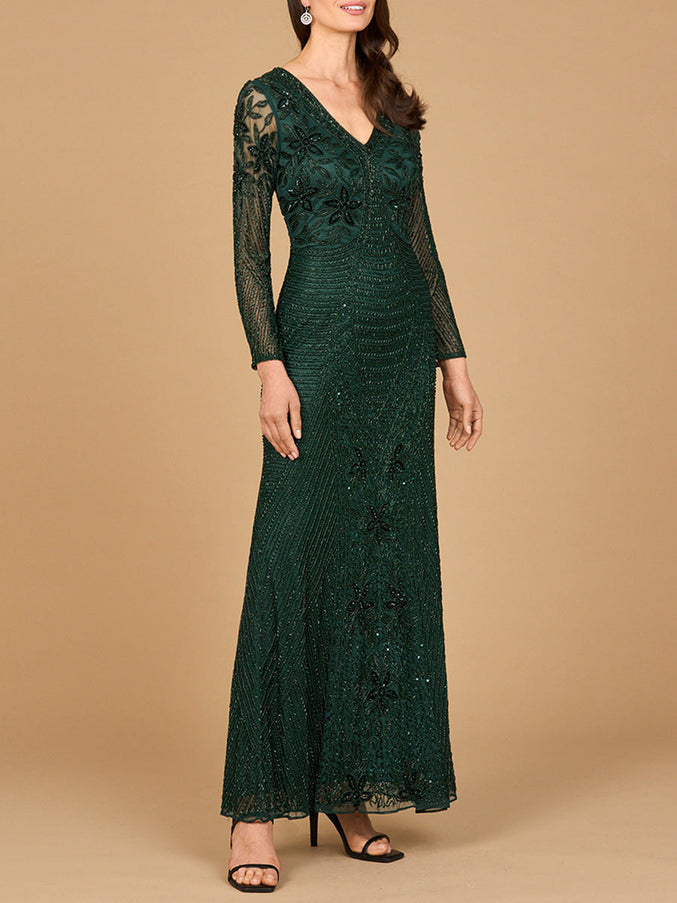 Long Sleeve Beaded Gown Dark Green