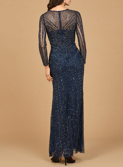 Lara Illusion Neck, Long Sleeve Beaded Gown