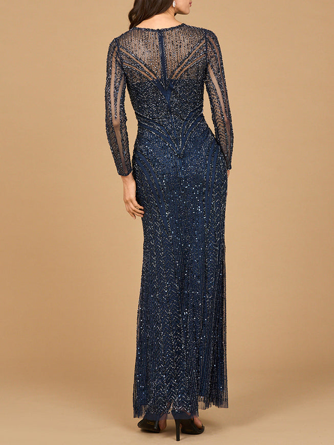 Lara Illusion Neck, Long Sleeve Beaded Gown