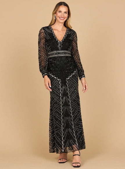 Lara V Neck Beaded Long Sleeve Dress Black