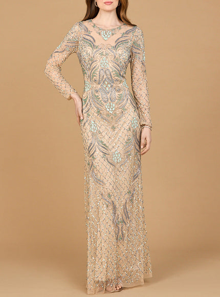 Long Sleeve Beaded Gown Nude Multi