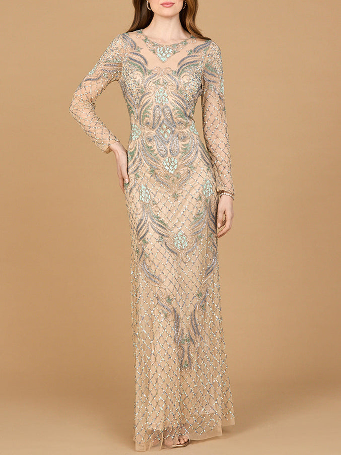 Lara New York 28895 Long Sleeve Beaded Gown Nude Multi
