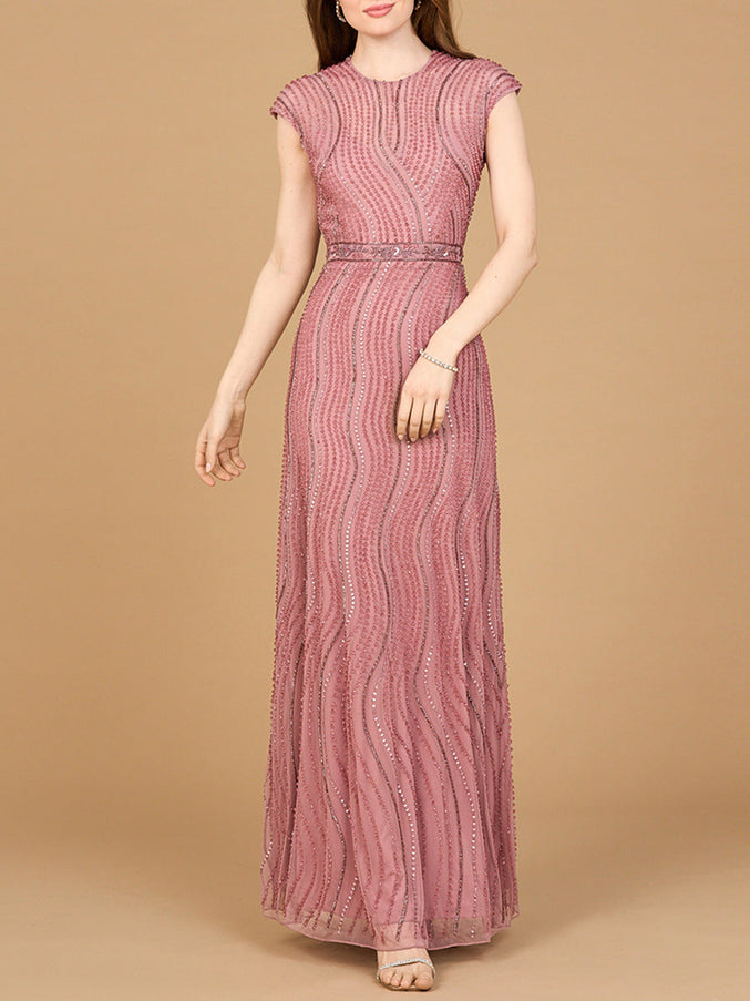 Lara New York 28898 Cap Sleeve Illusion Neck Beaded Gown Dusty Lilac