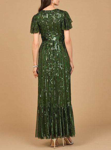 Elegant Beaded Gown with Flutter Sleeves
