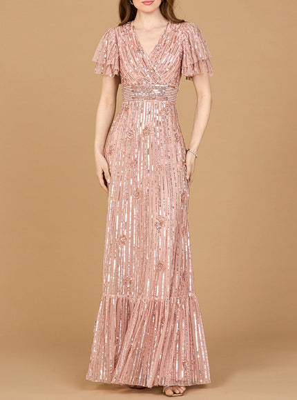 Elegant Beaded Gown with Flutter Sleeves Rose