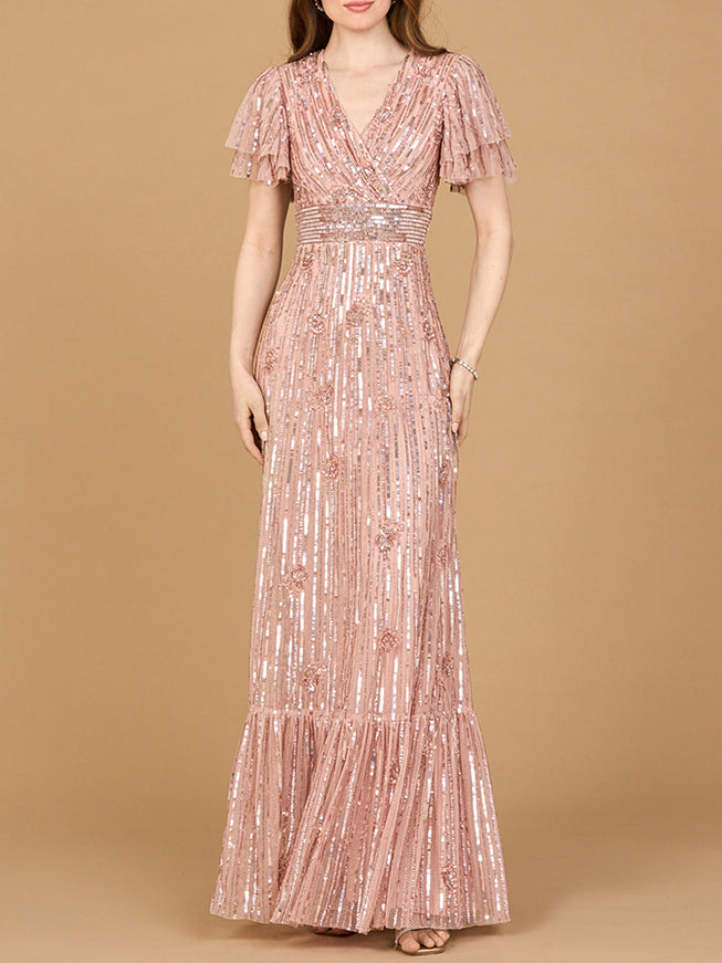 Elegant Beaded Gown with Flutter Sleeves Rose