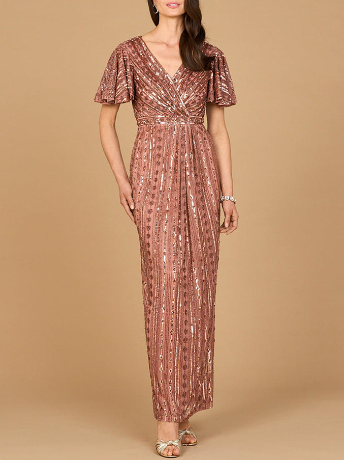 Lara New York 28901 Fully Beaded Gown with Flutter Sleeves Vintage Lilac