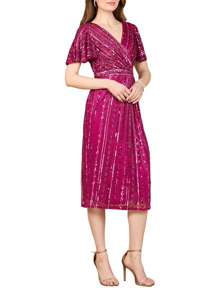 Beaded Midi Dress with Flutter Sleeves Berry
