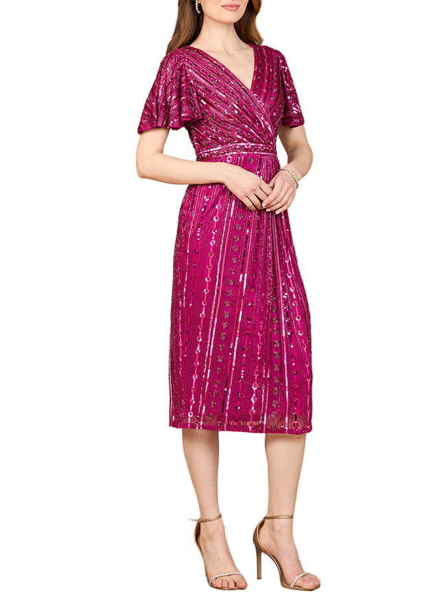 Beaded Midi Dress with Flutter Sleeves Berry