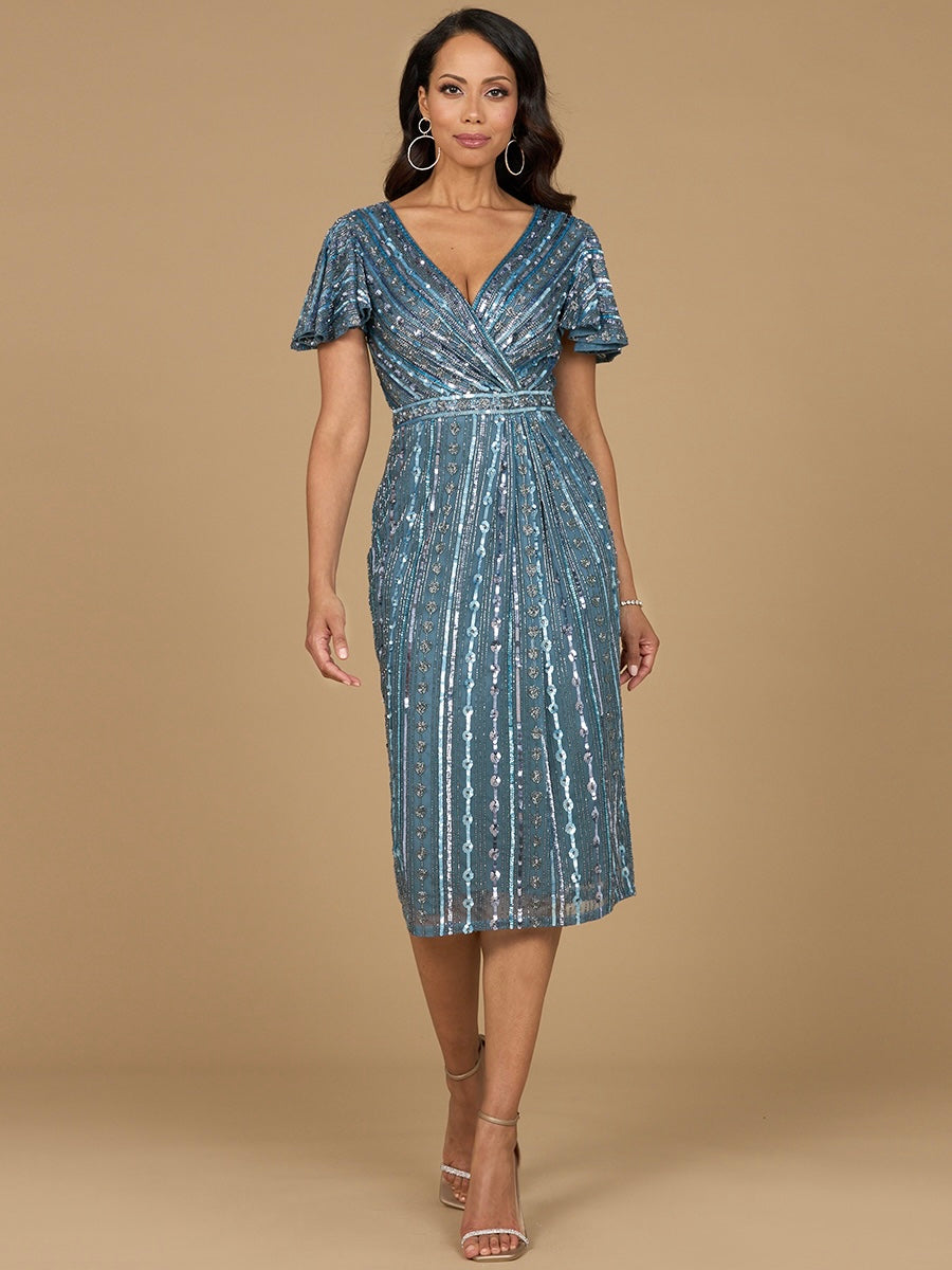 Beaded Midi Dress with Flutter Sleeves - Slate Blue / 20 Beaded Midi Dress with Flutter Sleeves - Slate Blue / 20