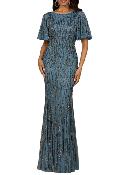 Beaded Gown with Flutter Sleeves