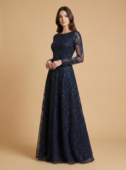 Lara 28904 Long Sleeve High Neck Gown Navy