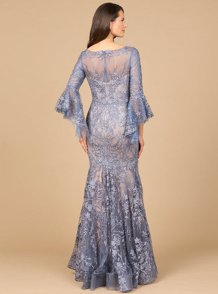 Lara Illusion Neck, Long Bell Sleeve Gown