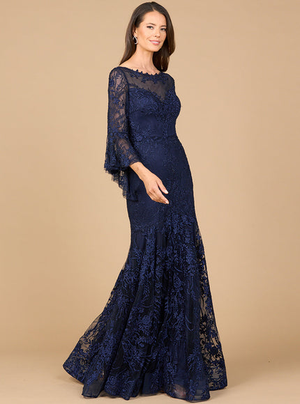 Lara Illusion Neck, Long Bell Sleeve Gown Navy