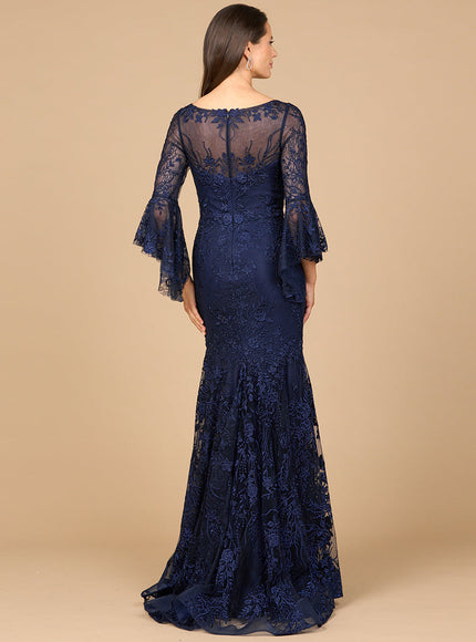 Lara Illusion Neck, Long Bell Sleeve Gown