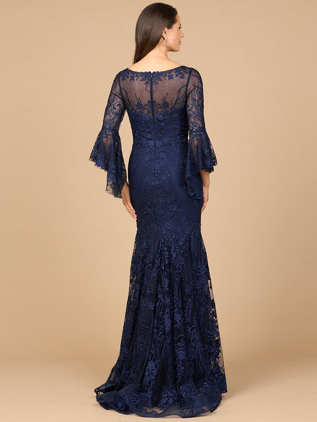 Lara Illusion Neck, Long Bell Sleeve Gown