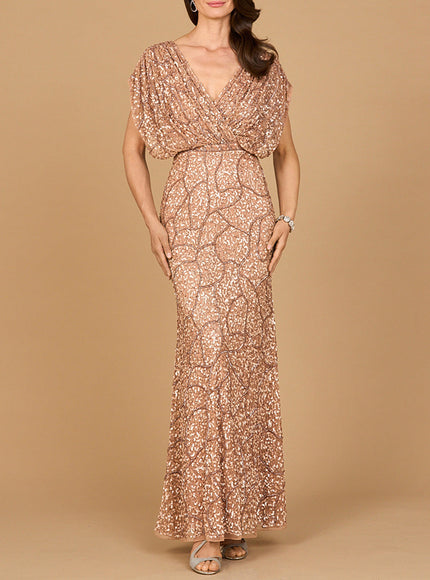 Beaded Gown with Draped Cape Sleeves