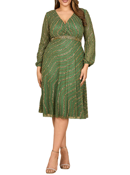 Beaded Midi Dress with Long Sleeves Olive