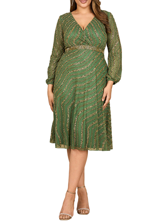 Beaded Midi Dress with Long Sleeves Olive