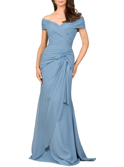 Lara Off Shoulder Elegant Chiffon Gown Dusty Blue