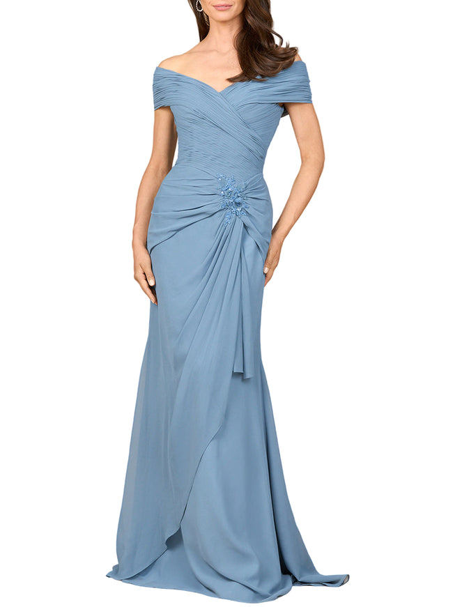 Lara Off Shoulder Elegant Chiffon Gown Dusty Blue