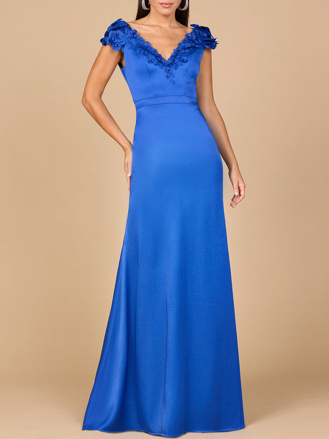 Lara New York 28914 V-Neck Satin Backed Crepe Gown Royal Blue