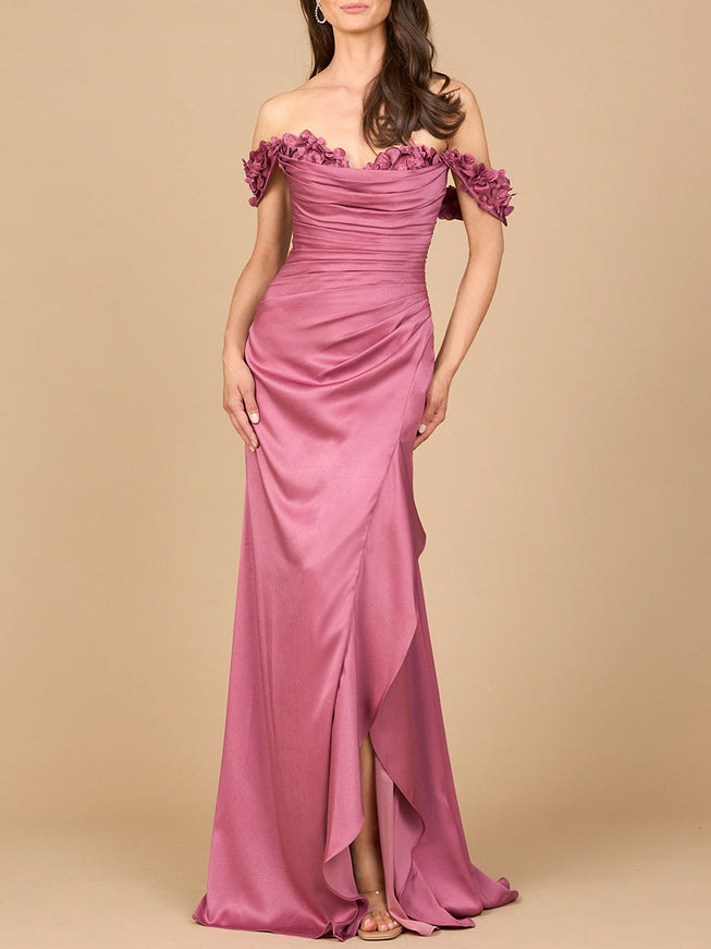 Off Shoulder Crepe Gown Dark Rose