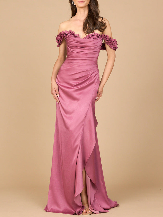 Off Shoulder Crepe Gown Dark Rose