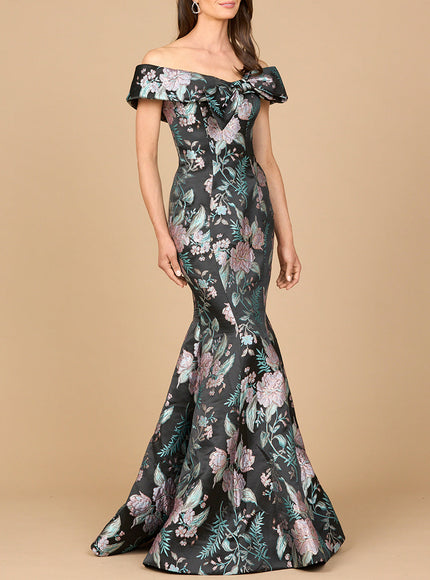 Fitted, Mermaid Brocade Gown Black Multi