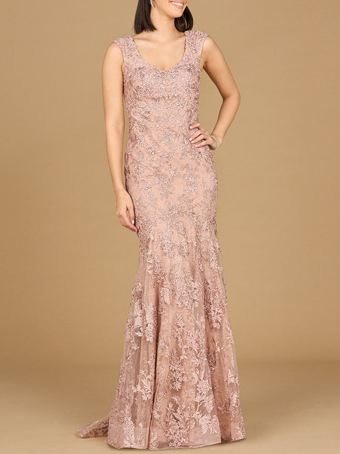Lara New York 28922 Sleeveless Mermaid Lace Embroidered Gown Blush