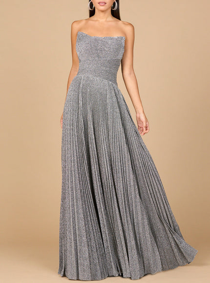 Lara Flowing Pleated Strapless Dress Gray