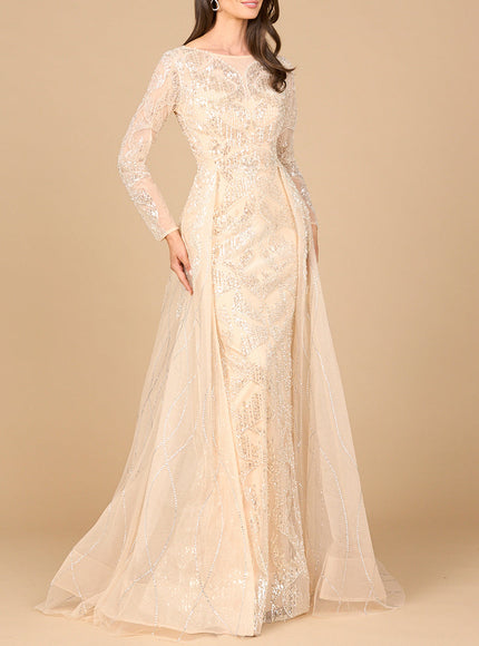 Long Sleeve Gown with Overskirt & High Neck Champagne