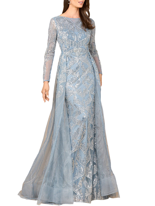 Long Sleeve Gown with Overskirt & High Neck Slate