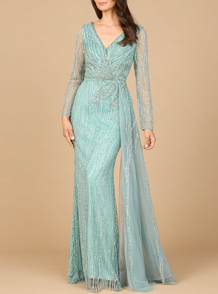 Long Sleeve V-Neck Gown with Drape Dark Sage