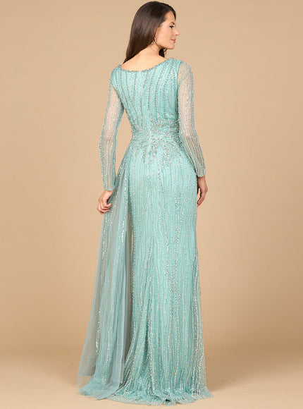 Long Sleeve V-Neck Gown with Drape