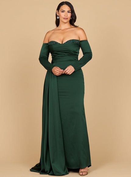 Lara 28936 - Off Shoulder Satin Dress with Beaded Details Dark Green