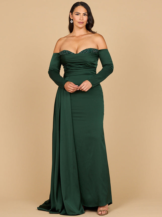 Lara New York 28936 Off Shoulder Satin Dress Dark Green