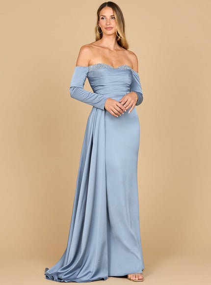 Lara 28936 - Off Shoulder Satin Dress with Beaded Details Dusty Periwinkle