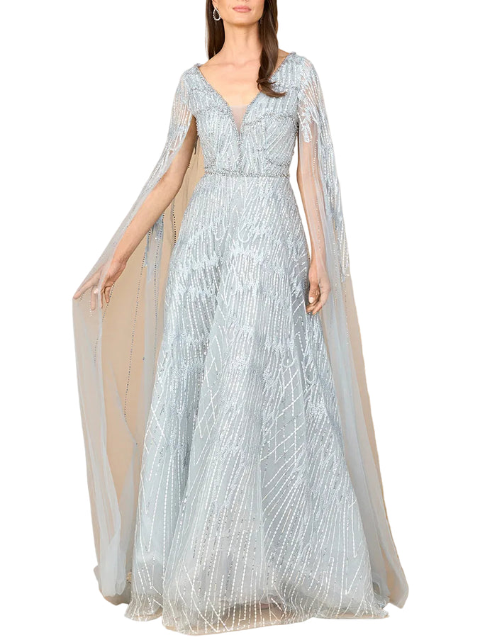 Lara Embellished Gown with Cape Sleeves Light Blue