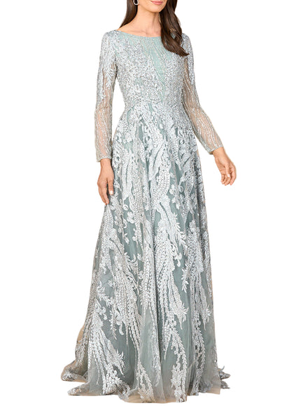 Long Sleeve, Modest Beaded Gown Slate
