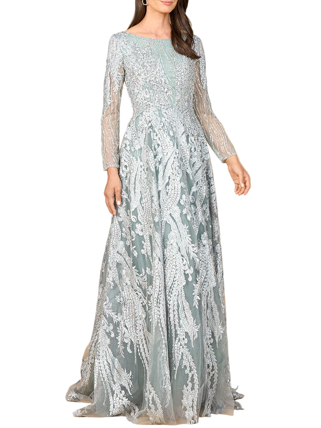 Long Sleeve, Modest Beaded Gown Slate