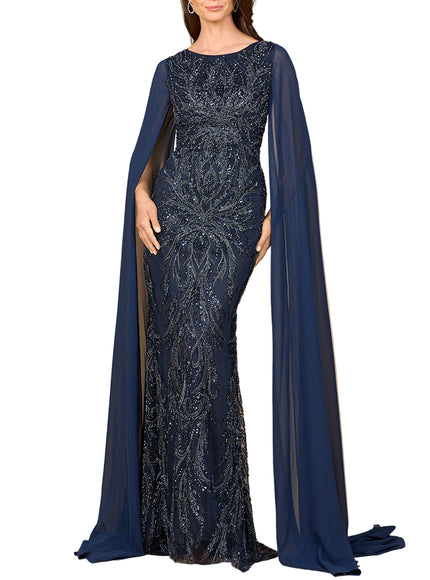 Lara High Neck Gown with Chiffon Cape Sleeves Navy