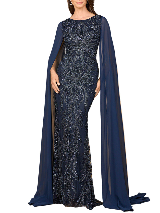 Lara High Neck Gown with Chiffon Cape Sleeves Navy