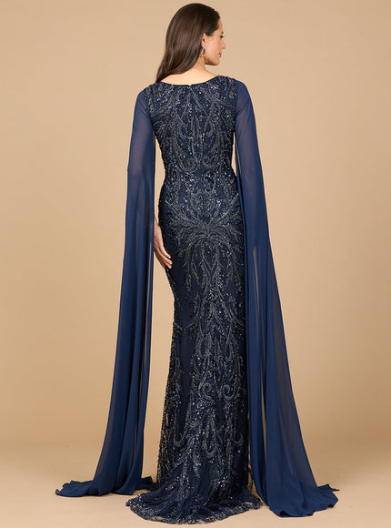 Lara High Neck Gown with Chiffon Cape Sleeves
