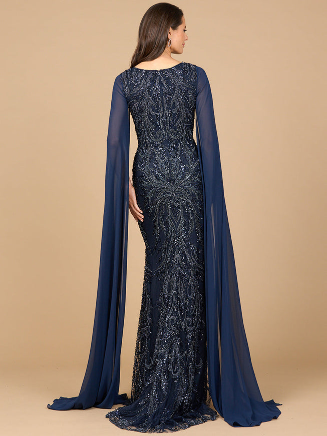 Lara High Neck Gown with Chiffon Cape Sleeves